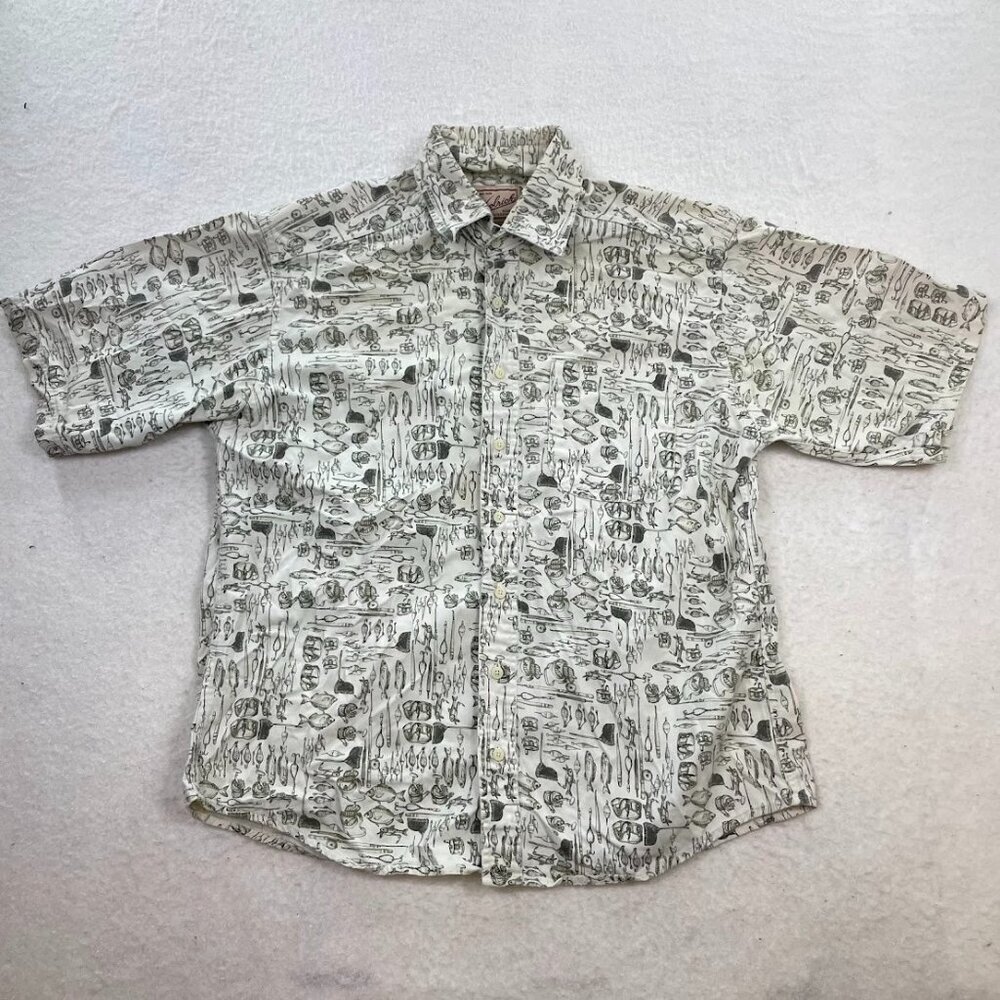 Woolrich 100% Cotton Outdoor Nature Fishing Lure Print Button Down Short Sleeve